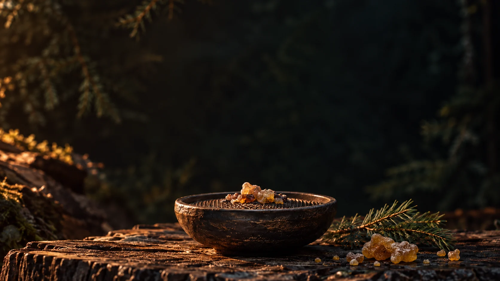 Atmosphärische Harzschale auf dunklem Holz