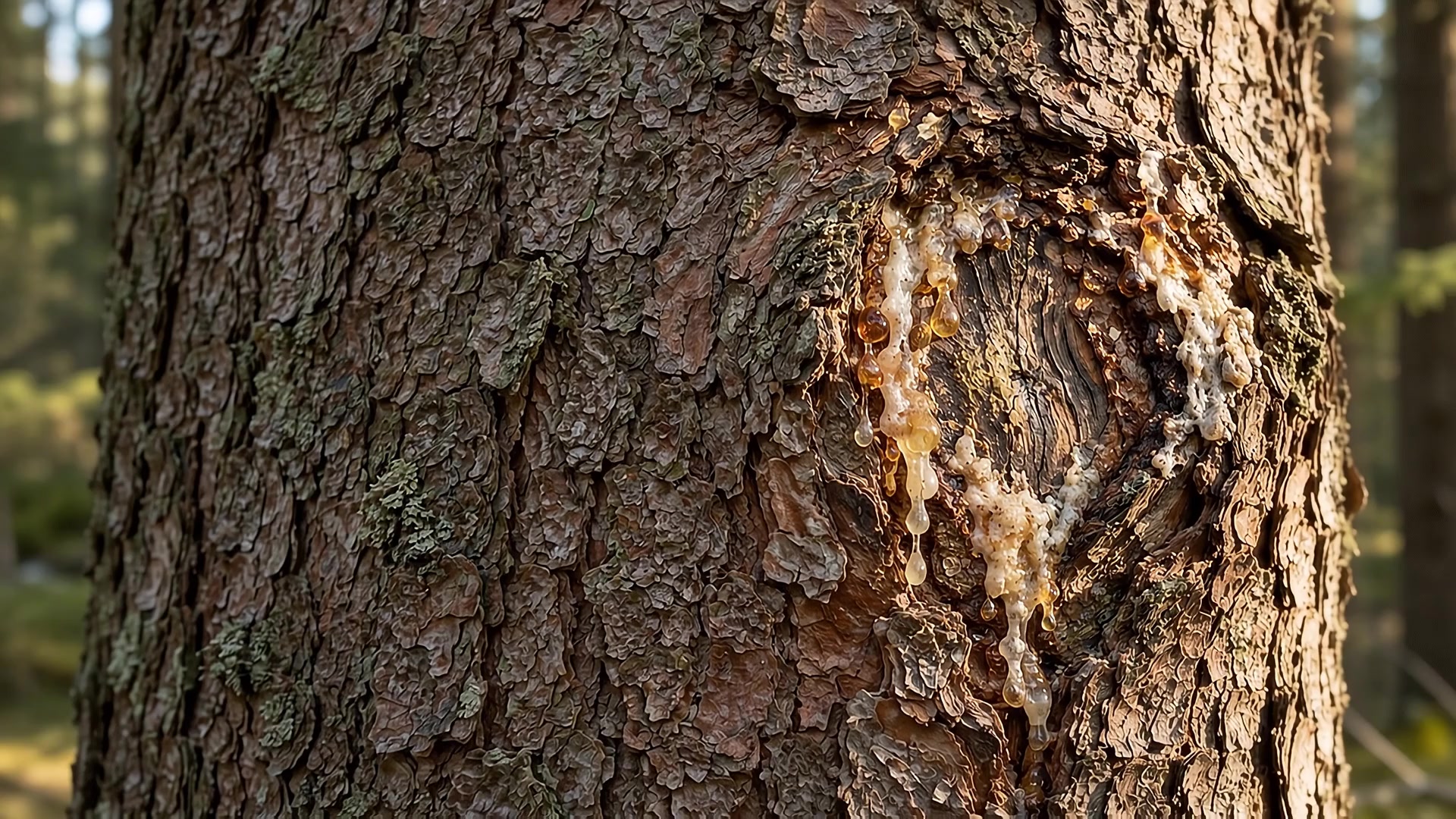 Frisches Harz schimmert auf der Rinde eines Baumes